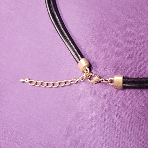 Unique Necklace Interlocking Front Rhinestone Toggle Accent Gold Tone Black Cord - Picture 5 of 9